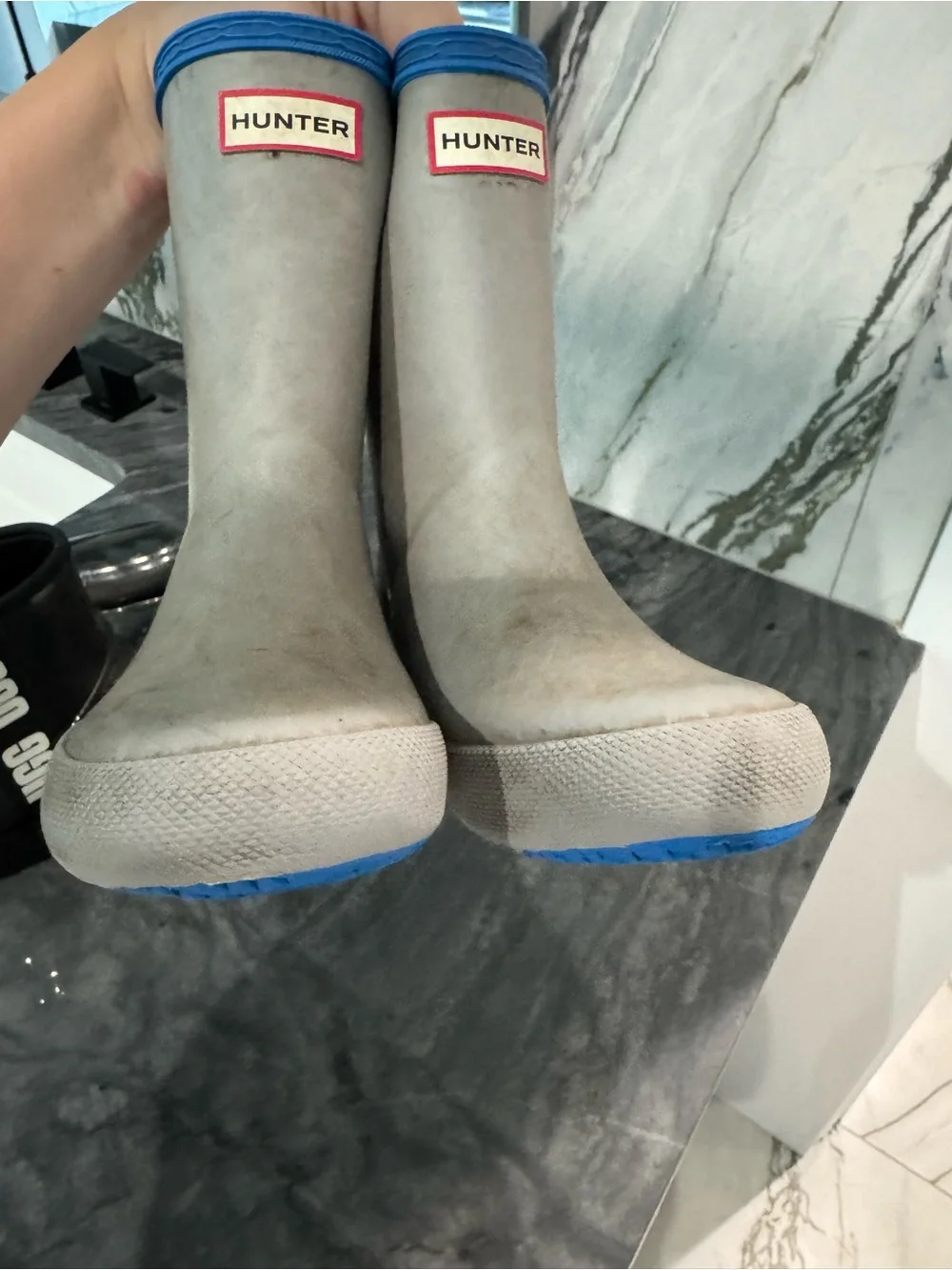 Hunter Kids Gray Rubber Rain Boots with Blue Trim